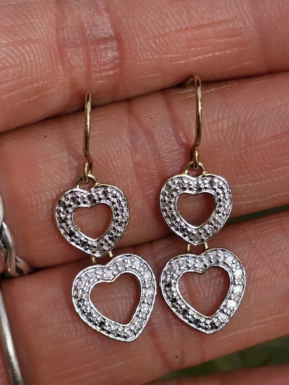 Fancy genuine diamond 925 sterling silver gold vermeil double heart dangle earri